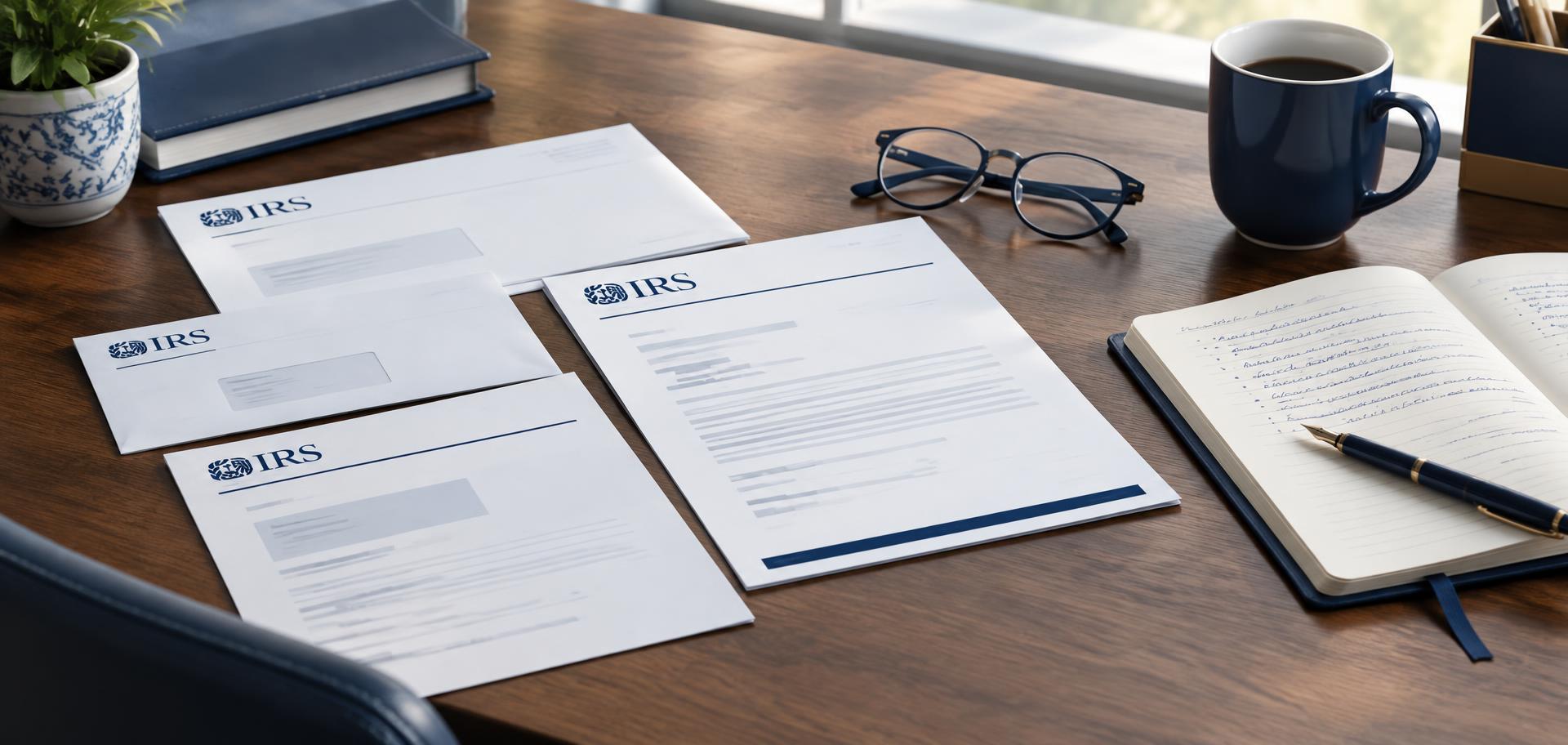 IRS letters and notices laid out on a desk with reading glasses, a notebook, and a pen