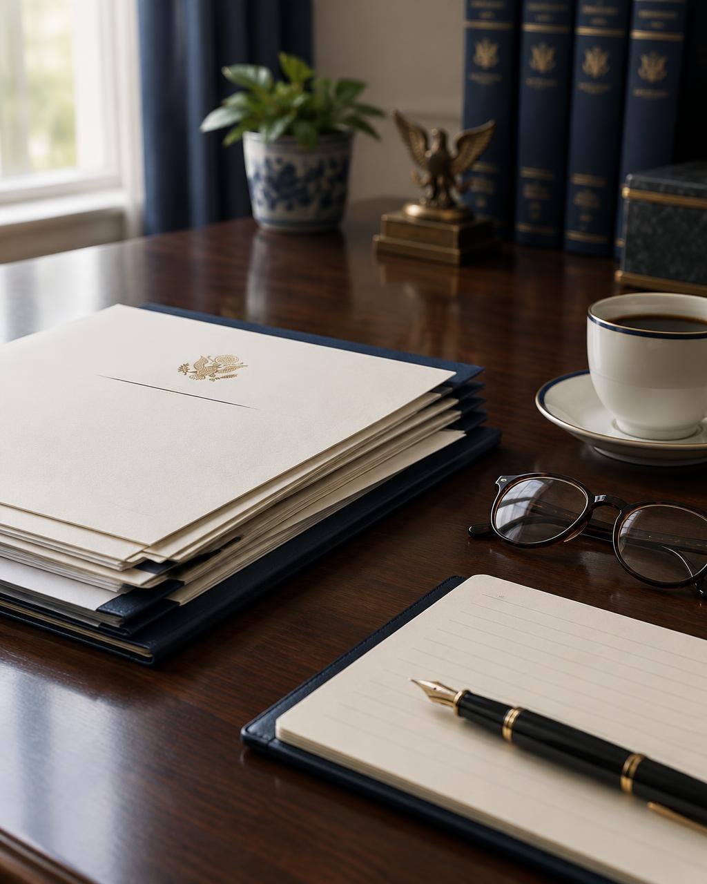 A tidy desk with IRS correspondence, reading glasses, and a fountain pen